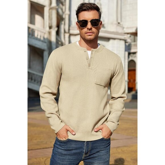 Men's Henley Knit Sweater Long Sleeve Soft Pullover Shirt with Chest Pocket - Picture 3 of 5